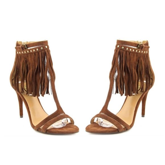 8.5W Nine West Suede Fringe Leather T-Strap Sandal - Picture 1 of 6